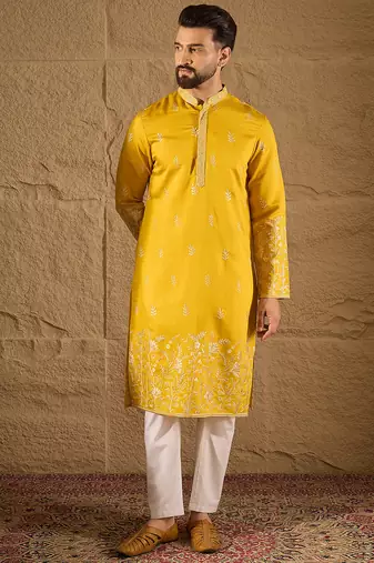 Men yellow chanderi silk solid embroidered straight kurta with trouser