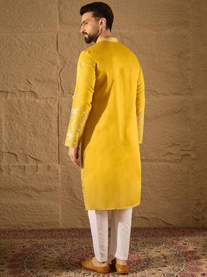 Men yellow chanderi silk solid embroidered straight kurta with trouser 4