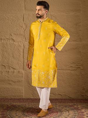 Men yellow chanderi silk solid embroidered straight kurta with trouser 5