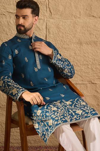 Men blue chanderi silk solid embroidered straight kurta with trouser