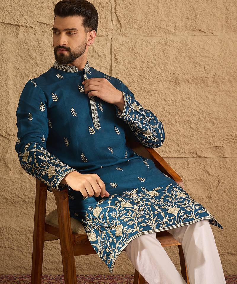 Men blue chanderi silk solid embroidered straight kurta with trouser