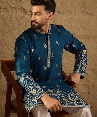 Men blue chanderi silk solid embroidered straight kurta with trouser 2