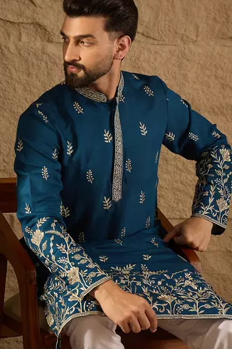 Men blue chanderi silk solid embroidered straight kurta with trouser