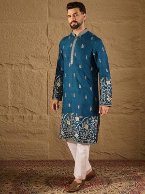 Men blue chanderi silk solid embroidered straight kurta with trouser 3