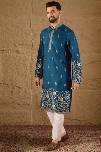 Men blue chanderi silk solid embroidered straight kurta with trouser