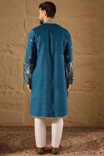 Men blue chanderi silk solid embroidered straight kurta with trouser