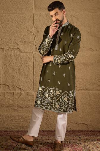 Men olive chanderi silk solid embroidered straight kurta with trouser