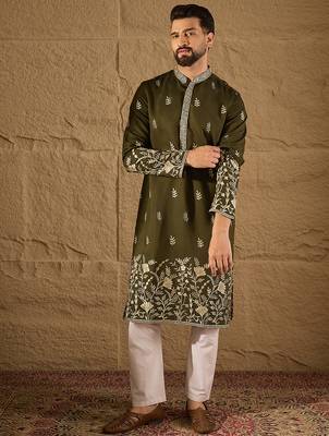 Men olive chanderi silk solid embroidered straight kurta with trouser 5