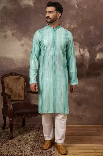 Men blue viscose rayon solid embroidered straight kurta with trouser