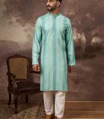 Men blue viscose rayon solid embroidered straight kurta with trouser