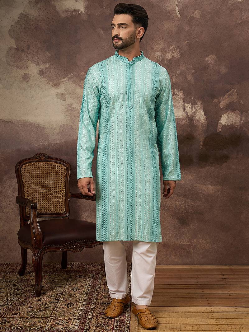 Men blue viscose rayon solid embroidered straight kurta with trouser