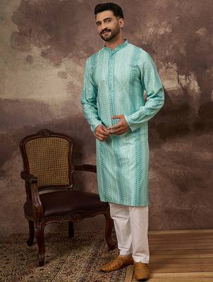Men blue viscose rayon solid embroidered straight kurta with trouser 2