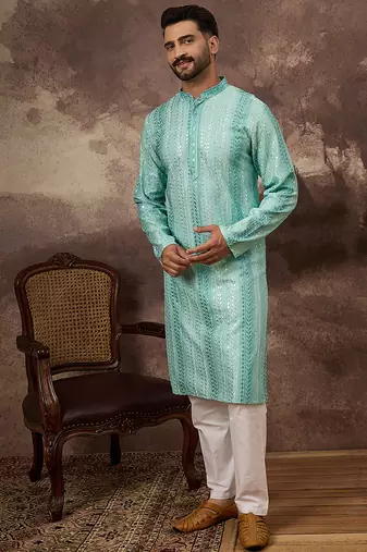 Men blue viscose rayon solid embroidered straight kurta with trouser