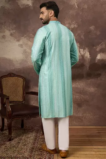 Men blue viscose rayon solid embroidered straight kurta with trouser