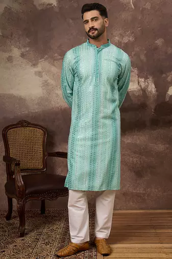 Men blue viscose rayon solid embroidered straight kurta with trouser
