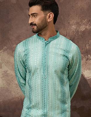 Men blue viscose rayon solid embroidered straight kurta with trouser 5