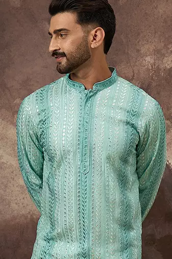 Men blue viscose rayon solid embroidered straight kurta with trouser