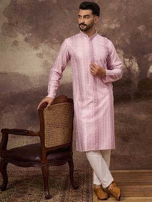 Men pink viscose rayon solid embroidered straight kurta with trouser 1