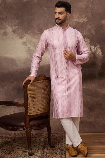 Men pink viscose rayon solid embroidered straight kurta with trouser
