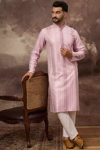 Men pink viscose rayon solid embroidered straight kurta with trouser