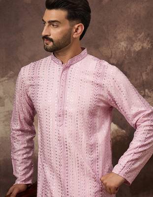 Men pink viscose rayon solid embroidered straight kurta with trouser 2