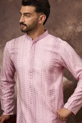 Men pink viscose rayon solid embroidered straight kurta with trouser