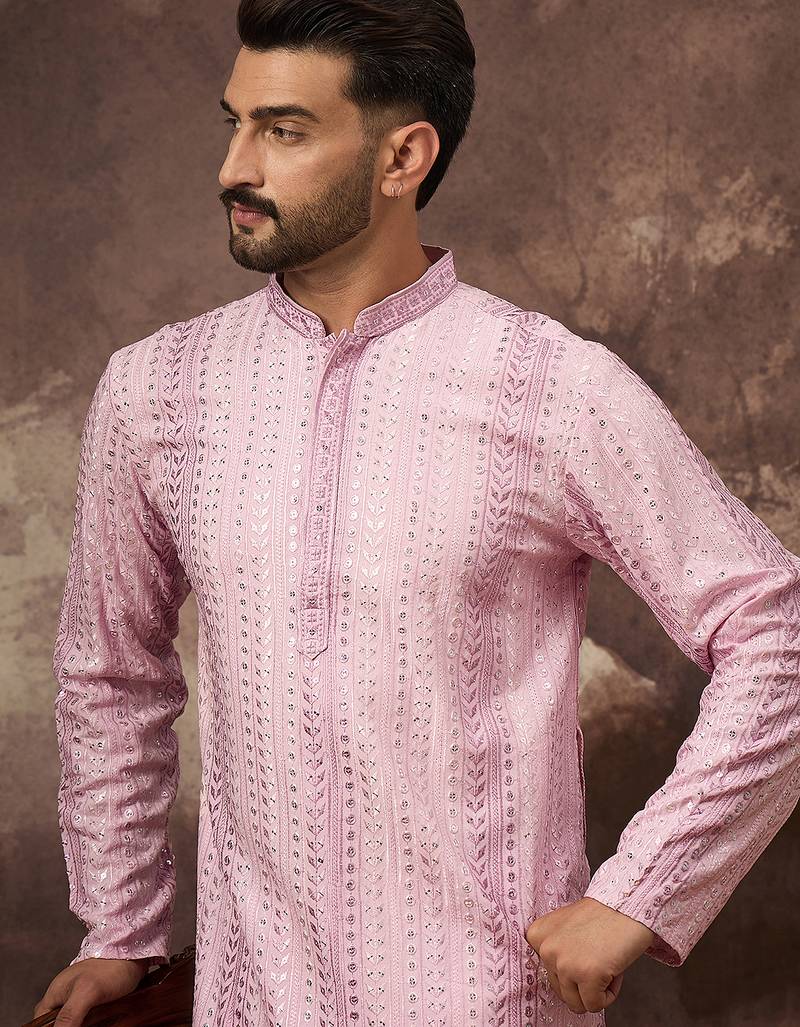 Men pink viscose rayon solid embroidered straight kurta with trouser