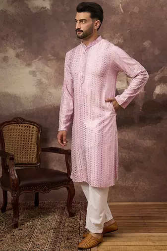 Men pink viscose rayon solid embroidered straight kurta with trouser