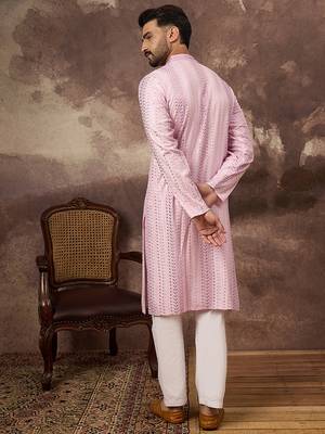 Men pink viscose rayon solid embroidered straight kurta with trouser 4