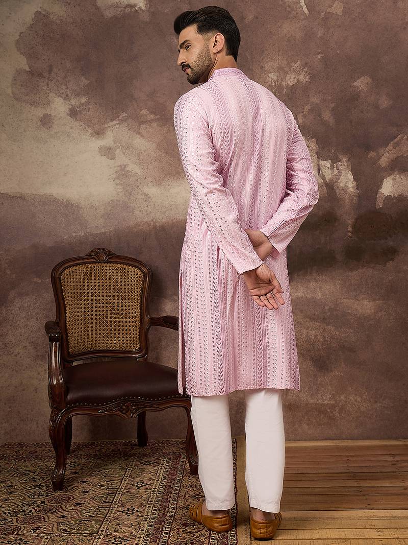 Men pink viscose rayon solid embroidered straight kurta with trouser