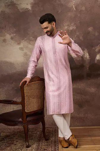 Men pink viscose rayon solid embroidered straight kurta with trouser