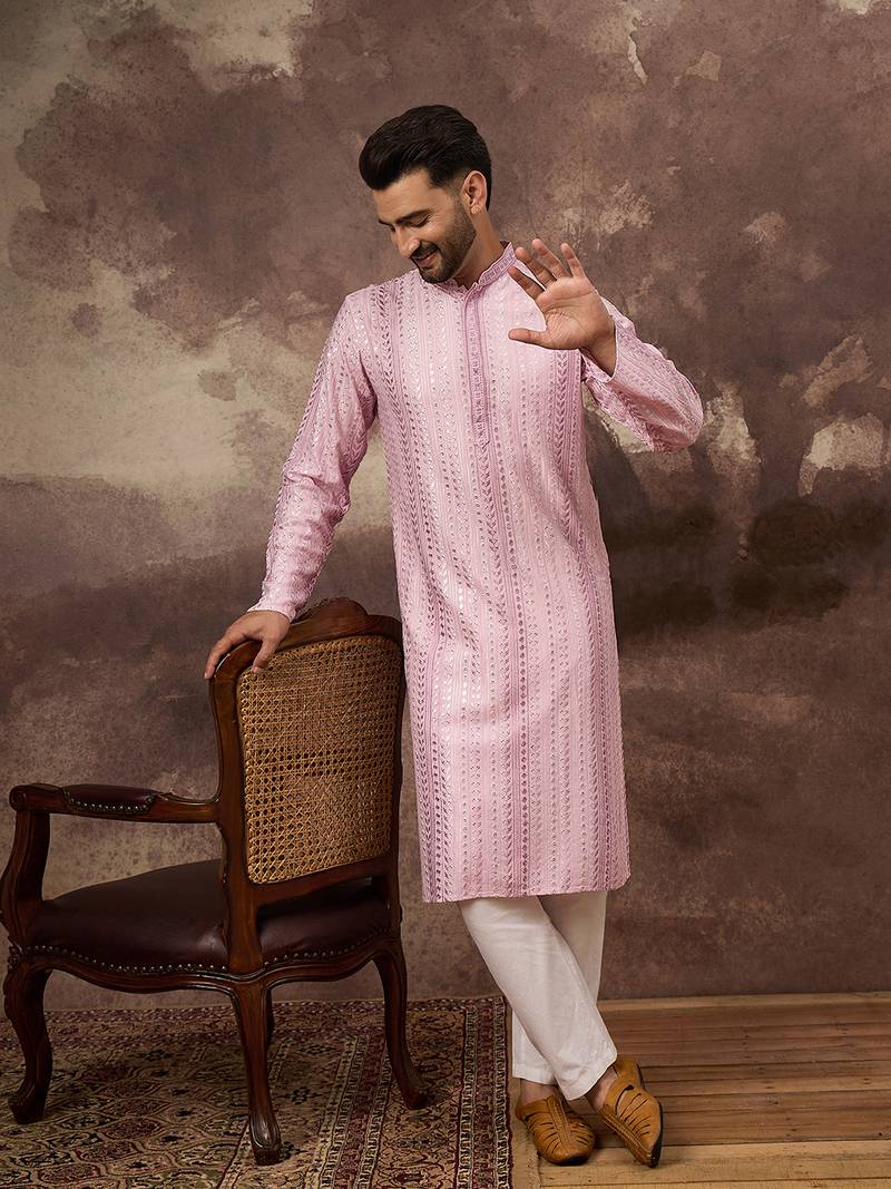 Men pink viscose rayon solid embroidered straight kurta with trouser
