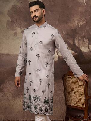 Men grey silk blend solid embroidered straight kurta and trouser 1