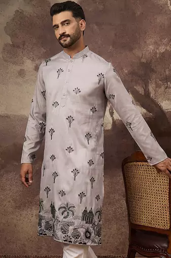 Men grey silk blend solid embroidered straight kurta and trouser