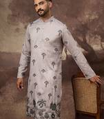Men grey silk blend solid embroidered straight kurta and trouser