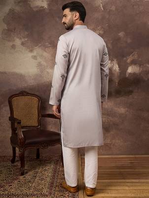 Men grey silk blend solid embroidered straight kurta and trouser 2