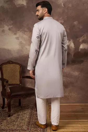 Men grey silk blend solid embroidered straight kurta and trouser