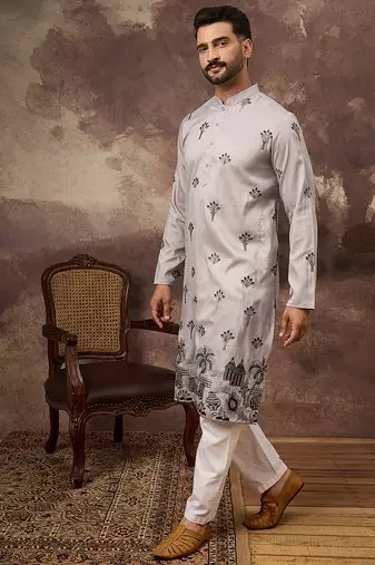 Men grey silk blend solid embroidered straight kurta and trouser