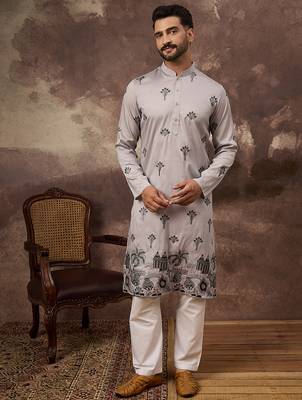 Men grey silk blend solid embroidered straight kurta and trouser 4