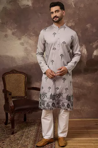 Men grey silk blend solid embroidered straight kurta and trouser