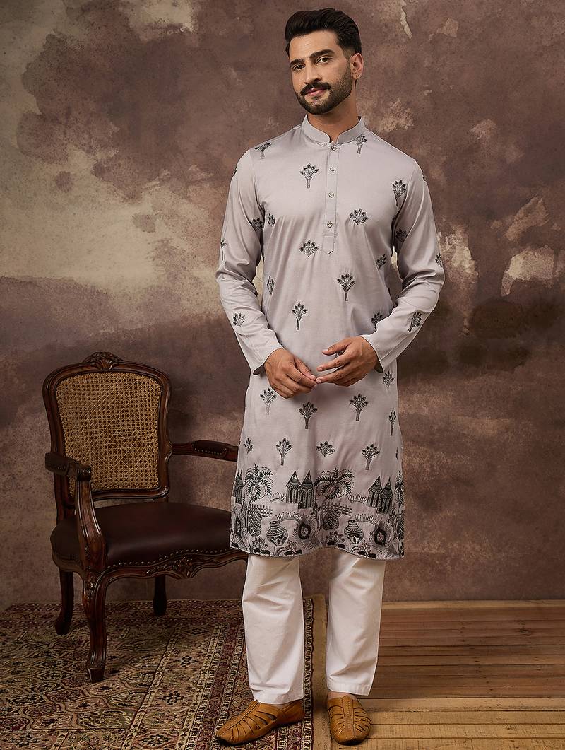 Men grey silk blend solid embroidered straight kurta and trouser