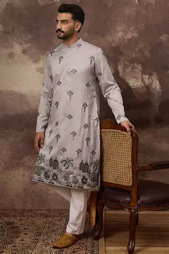 Men grey silk blend solid embroidered straight kurta and trouser