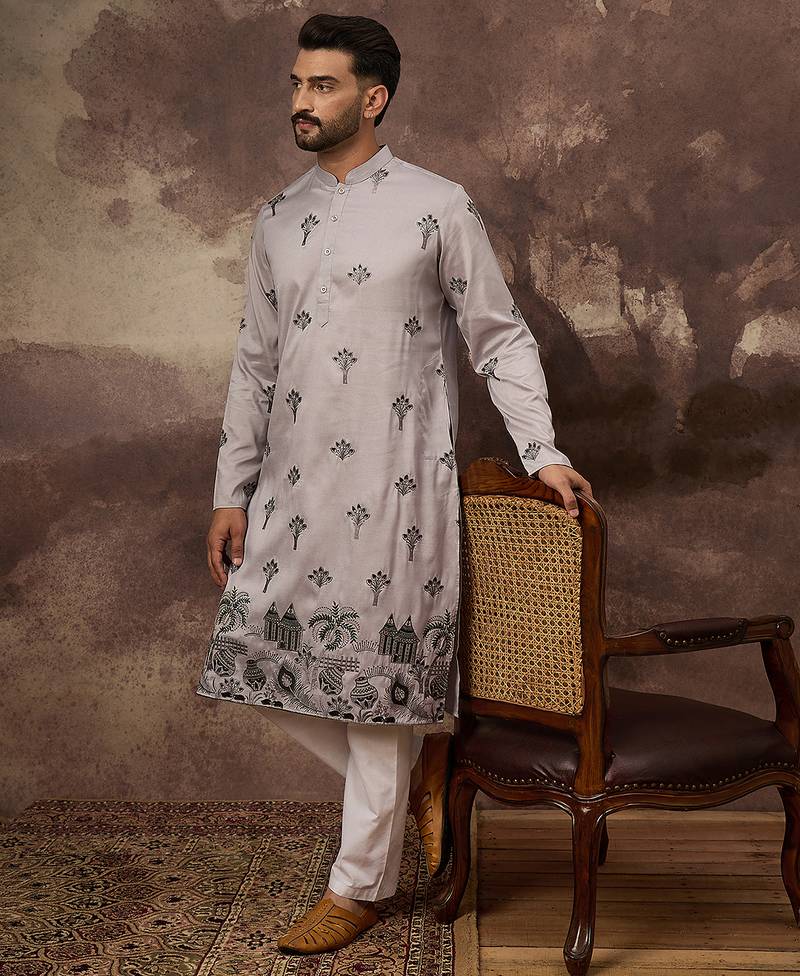 Men grey silk blend solid embroidered straight kurta and trouser