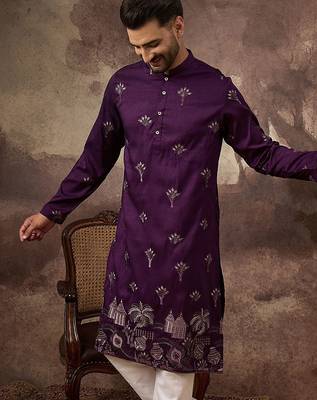 Men purple silk blend solid embroidered straight kurta and trouser 1