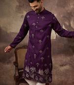 Men purple silk blend solid embroidered straight kurta and trouser