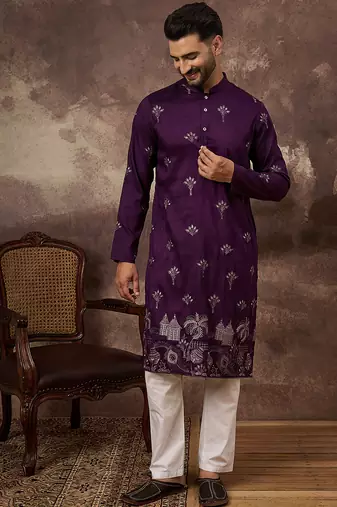 Men purple silk blend solid embroidered straight kurta and trouser