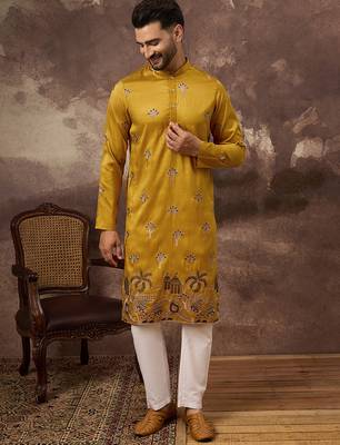 Men yellow silk blend solid embroidered straight kurta and trouser 1
