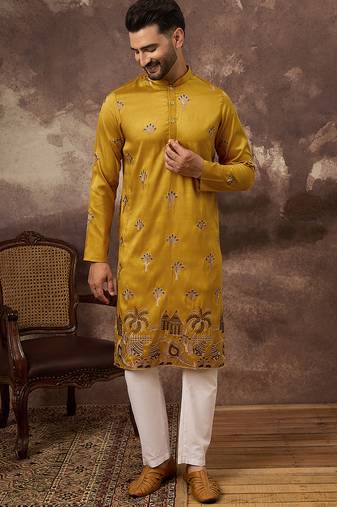 Men yellow silk blend solid embroidered straight kurta and trouser