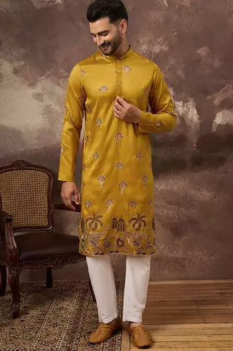 Men yellow silk blend solid embroidered straight kurta and trouser
