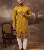 Men yellow silk blend solid embroidered straight kurta and trouser